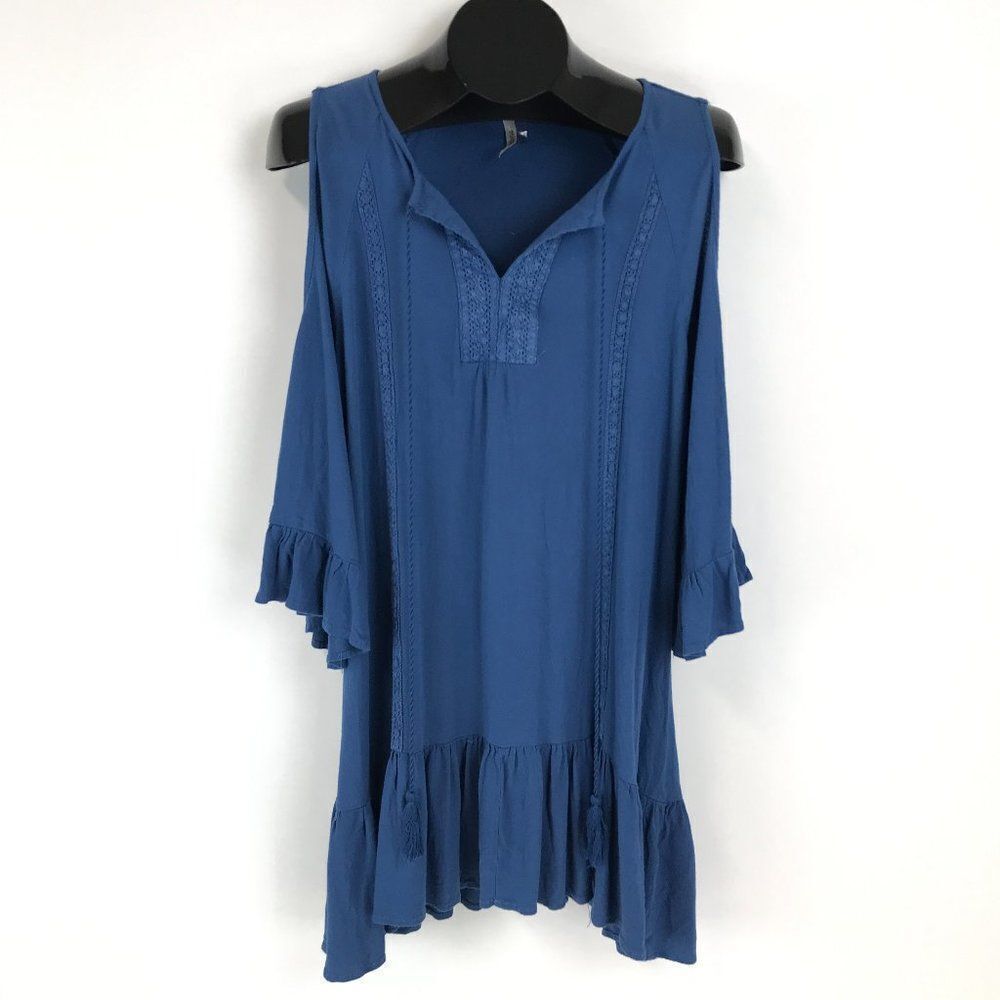 Mittoshop Cold Shoulder Ruffle Blouse Women's Medium Blue Crochet Lace Stretch